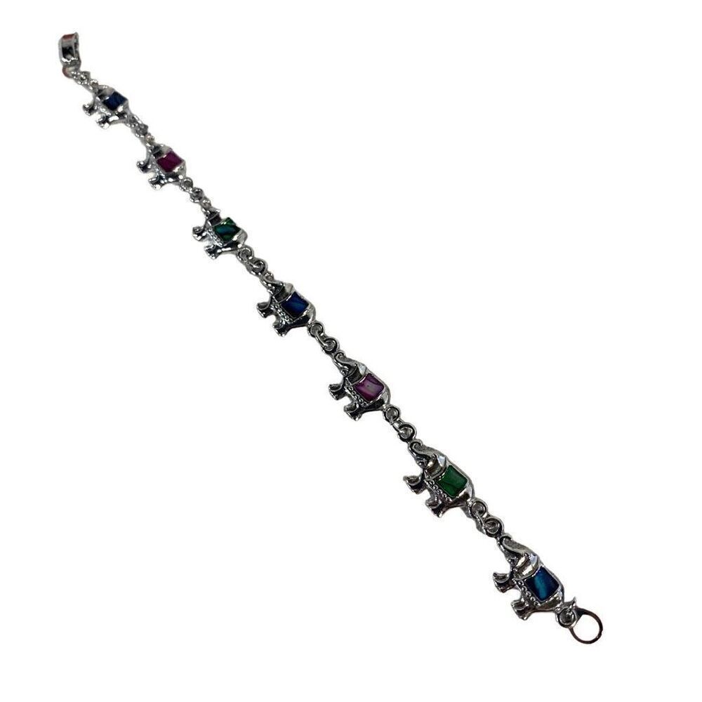 SJ Signed 8" Silver Tone Multicolor Abalone Elephant Link Bracelet